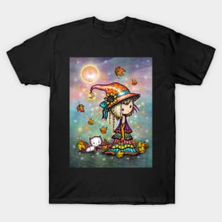 Little Wanderer Boho Witch and Cat Halloween Art T-Shirt